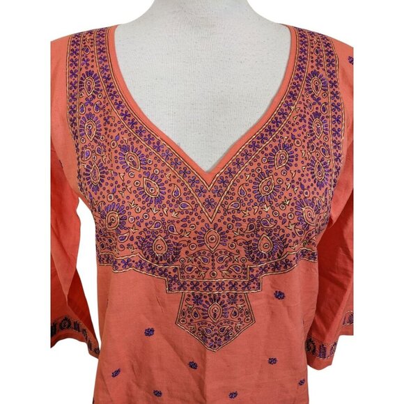 Womens Large Tunic Top Orange Purple Embroidered Cotton Boho Resort Beach Hippie - Picture 3 of 9